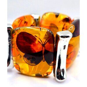 Vintage Butterfly Resin Bracelet Stretch Silver-Tone Bars Bold Statement